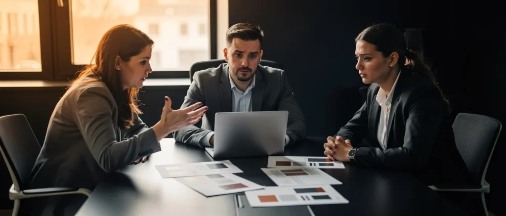 Three business professionals in suits discuss work at a table with a laptop and documents during a meeting.