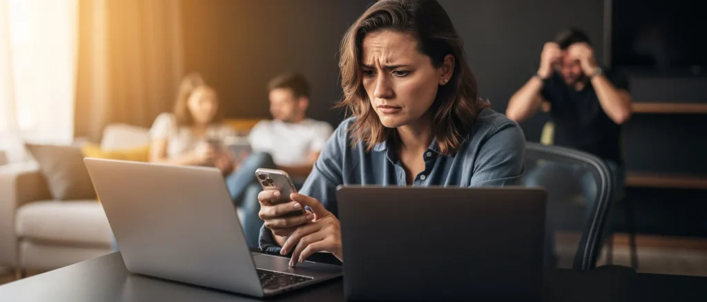 Woman with concerned expression holding a phone while working at a laptop in an office with other people in the background.