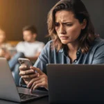 Woman with concerned expression holding a phone while working at a laptop in an office with other people in the background.