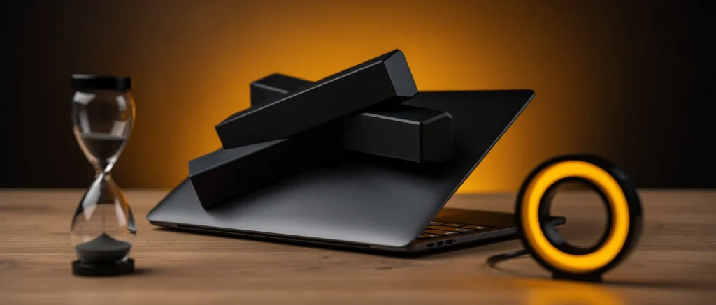 Laptop with black headphones, hourglass, and yellow speaker on wooden desk against orange background.