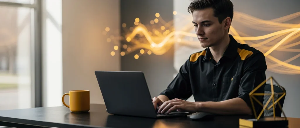 Man working on laptop at desk with yellow mug and abstract golden light effects in background.