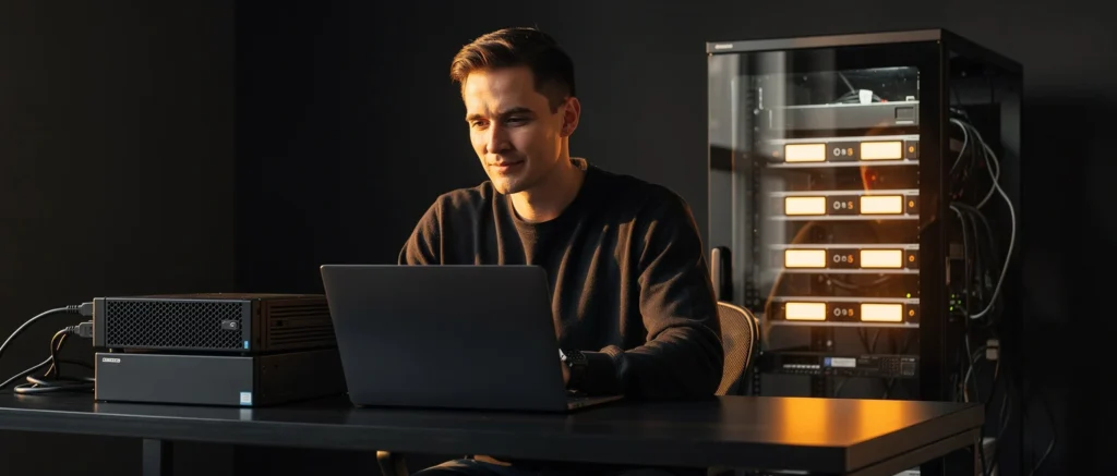 Man working on laptop at desk with computer server and networking equipment in dark studio setting.