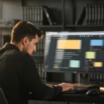 Man working at a desk with a monitor displaying design software, with bookshelves and city windows in the background.