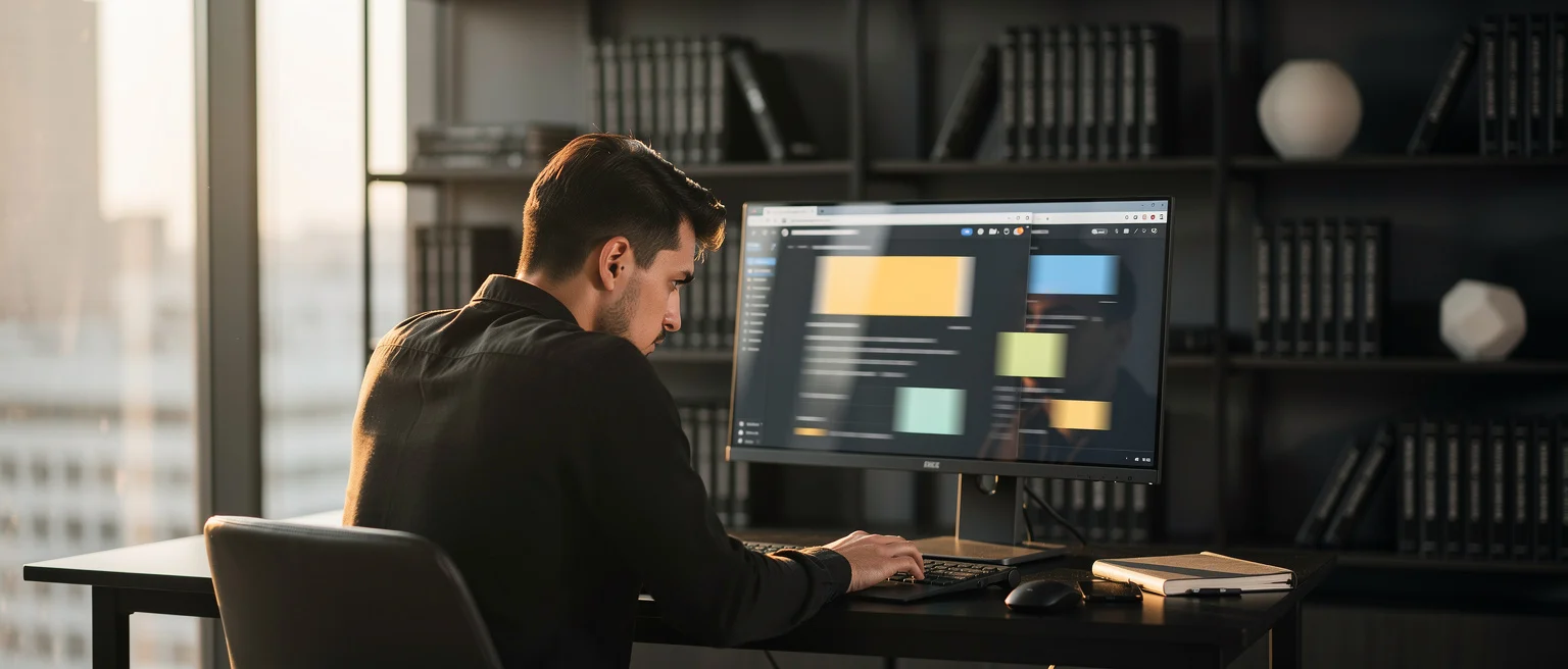 Man working at a desk with a monitor displaying design software, with bookshelves and city windows in the background.