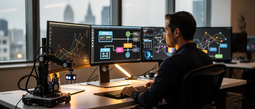 Man working at desk with 3D printer and three monitors displaying design software and data visualizations in high-rise office