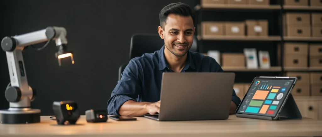 Man working at desk with laptop, robotic arm, tablet displaying analytics, and storage shelves in background.