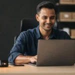 Man working at desk with laptop, robotic arm, tablet displaying analytics, and storage shelves in background.