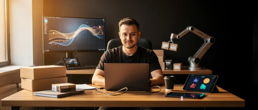 Man working at desk with laptop, monitor, tablet, robotic arm, and boxes in a tech workspace.