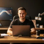 Man working at desk with laptop, monitor, tablet, robotic arm, and boxes in a tech workspace.