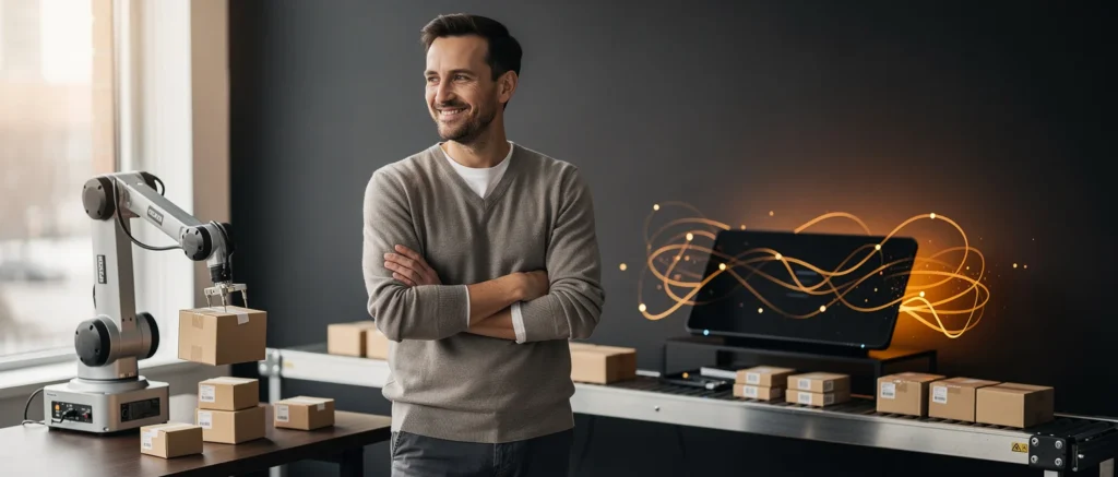 Professional man in beige jumper standing confidently beside robotic arm and cardboard boxes in modern warehouse workspace