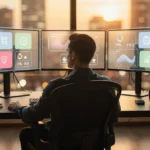 Person sitting at a desk viewing multiple transparent screens displaying data analytics and charts with a city skyline in the