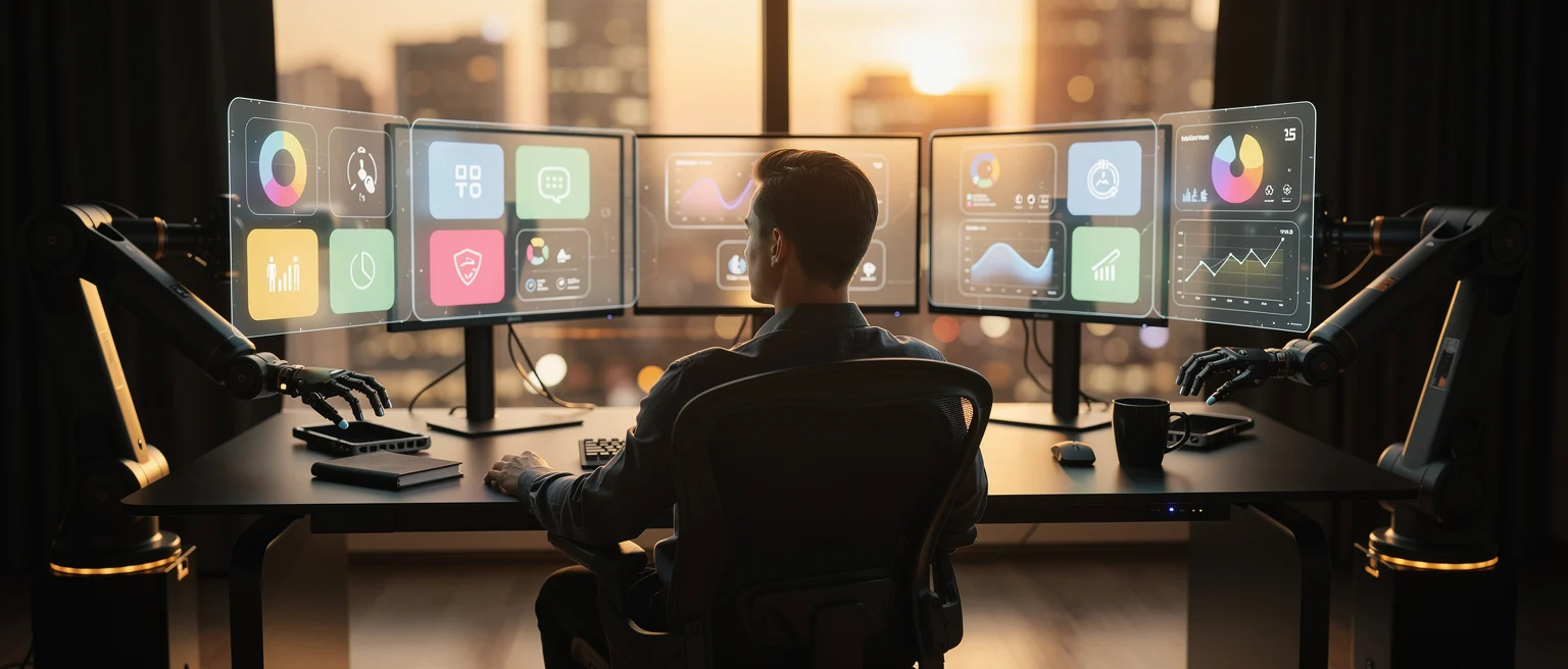 Person sitting at a desk viewing multiple transparent screens displaying data analytics and charts with a city skyline in the