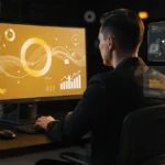 Man at desk viewing multiple monitors displaying golden data visualizations and analytics charts.