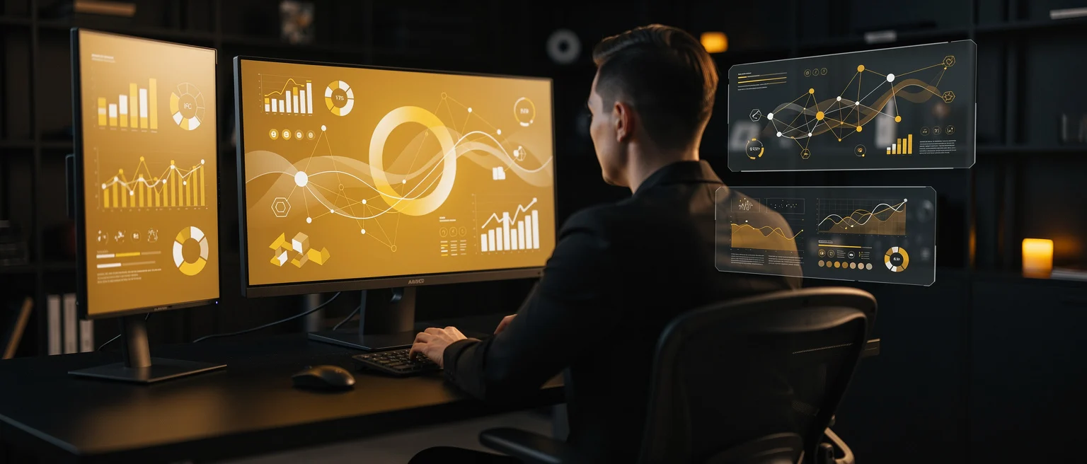 Man at desk viewing multiple monitors displaying golden data visualizations and analytics charts.
