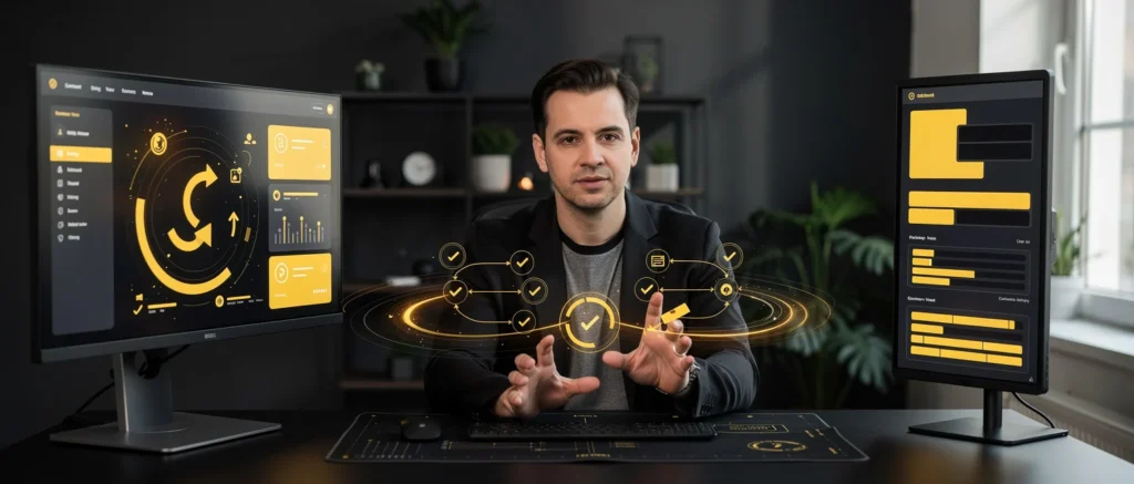 Man in dark jacket gestures toward holographic workflow diagram with checkmarks displayed between two monitors showing yellow