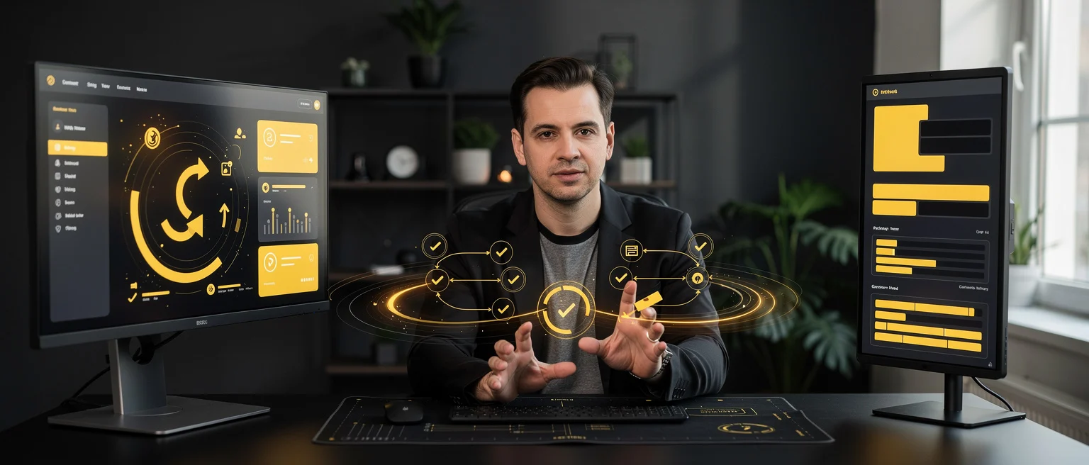 Man in dark jacket gestures toward holographic workflow diagram with checkmarks displayed between two monitors showing yellow
