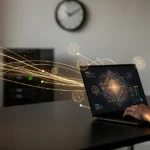 Man working at laptop with holographic network visualization and data flow graphics emanating from the screen.