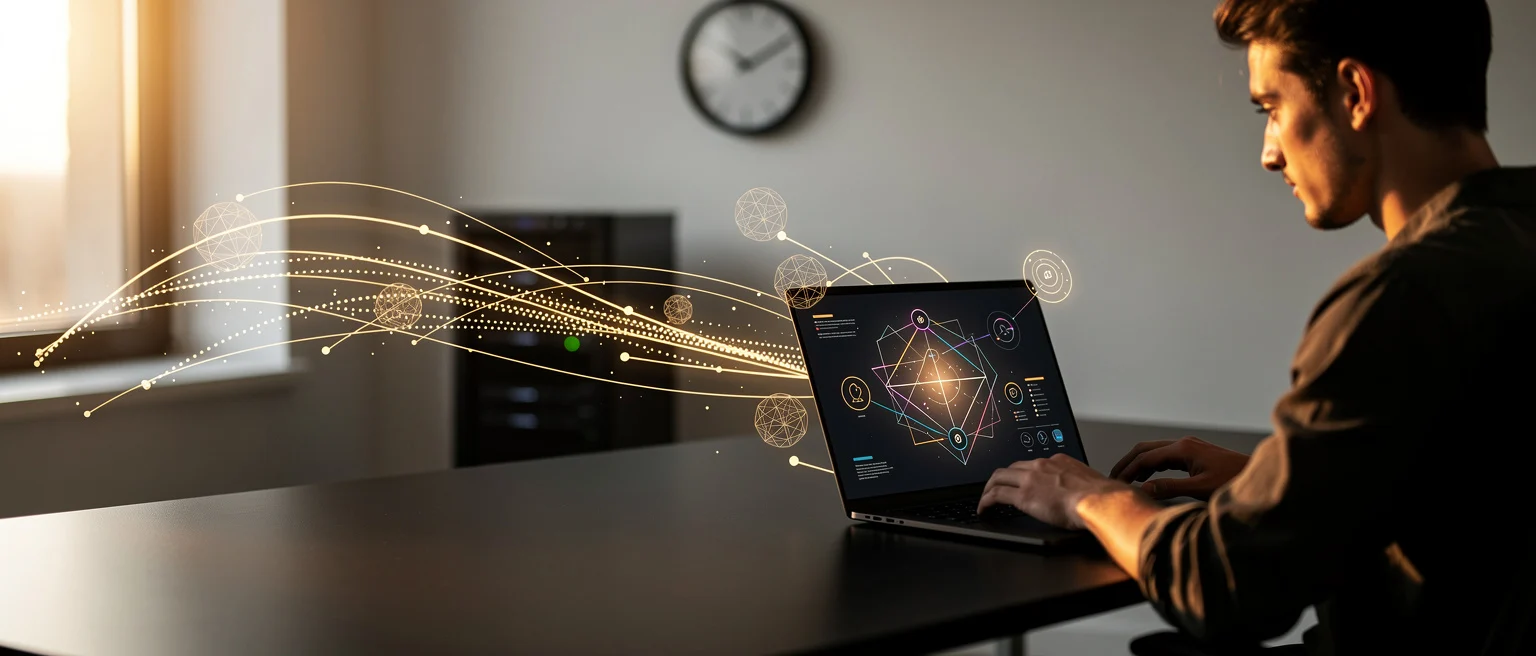 Man working at laptop with holographic network visualization and data flow graphics emanating from the screen.