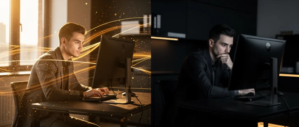 Man working at computer desk with golden light effects on left; same man in darker lighting on right.