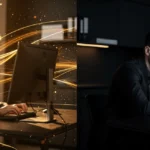 Man working at computer desk with golden light effects on left; same man in darker lighting on right.