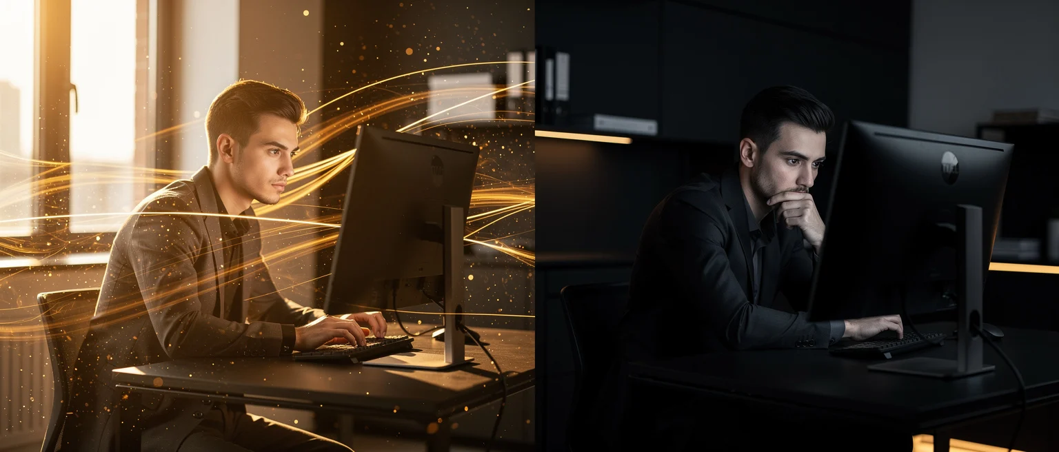 Man working at computer desk with golden light effects on left; same man in darker lighting on right.