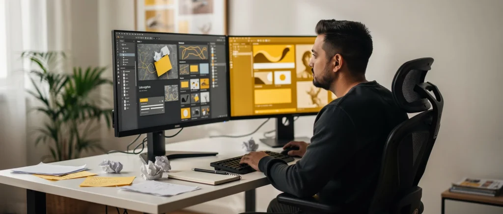 Designer working at dual monitors displaying graphic design software with yellow and gold color schemes.