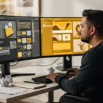 Designer working at dual monitors displaying graphic design software with yellow and gold color schemes.