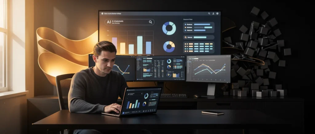 Man working at desk with laptop, viewing AI analytics dashboards on multiple monitors with charts and data visualizations.