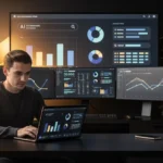 Man working at desk with laptop, viewing AI analytics dashboards on multiple monitors with charts and data visualizations.