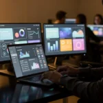 Man working at laptop with multiple monitors displaying data dashboards and analytics in an office with colleagues.