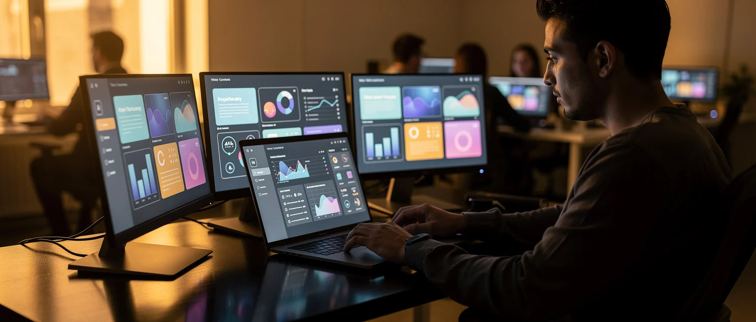 Man working at laptop with multiple monitors displaying data dashboards and analytics in an office with colleagues.