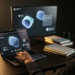 Person working at desk with laptop and monitor displaying AI interface with 3D geometric shapes.