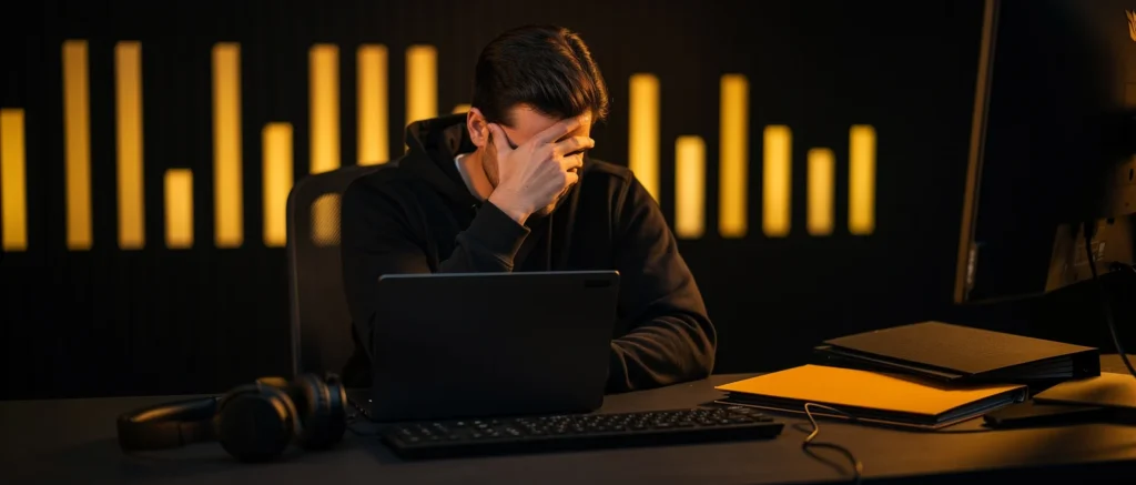 Man in black shirt working at laptop at desk with headphones and notebooks, yellow light bars in background.