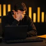 Man in black shirt working at laptop at desk with headphones and notebooks, yellow light bars in background.