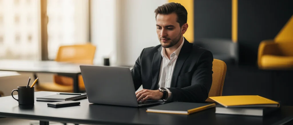 Man in business suit working on laptop at office desk with notebooks and coffee mug.