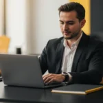 Man in business suit working on laptop at office desk with notebooks and coffee mug.