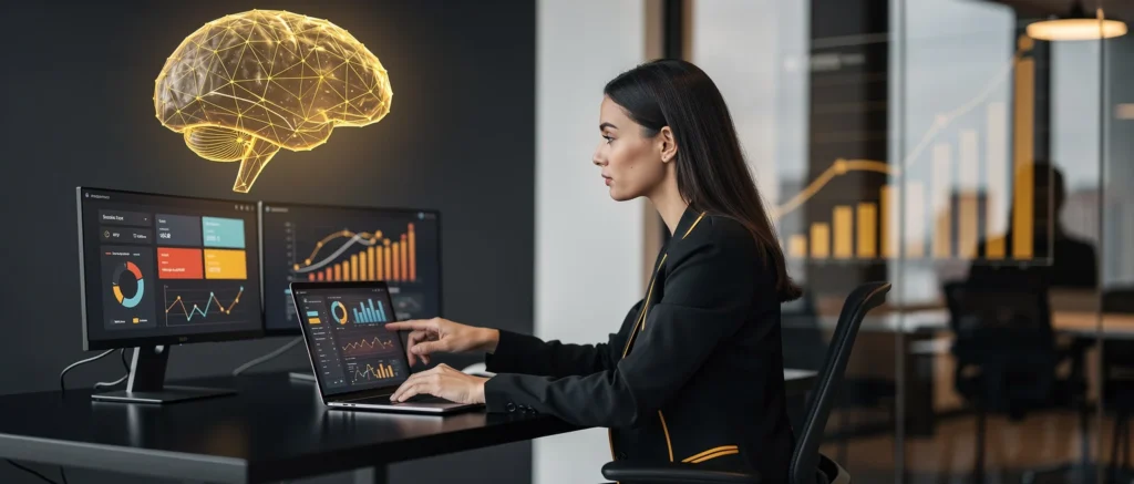 Woman at desk analyzing data dashboards and charts with a glowing brain illustration on the wall.