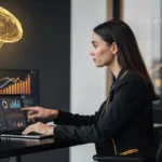 Woman at desk analyzing data dashboards and charts with a glowing brain illustration on the wall.