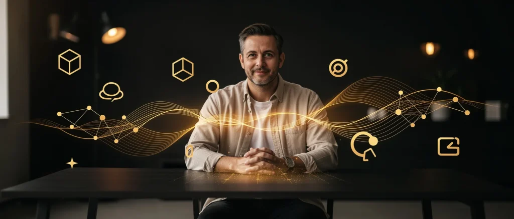 Man in tan shirt seated at table with glowing gold digital graphics and network icons on dark background.