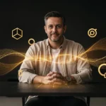 Man in tan shirt seated at table with glowing gold digital graphics and network icons on dark background.
