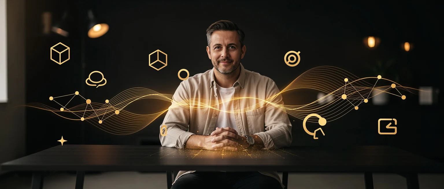 Man in tan shirt seated at table with glowing gold digital graphics and network icons on dark background.