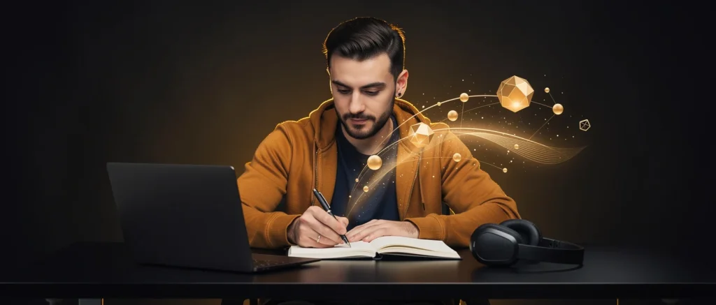 Man in orange jacket writing in notebook at desk with laptop and headphones, gold geometric shapes floating beside him.