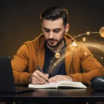 Man in orange jacket writing in notebook at desk with laptop and headphones, gold geometric shapes floating beside him.