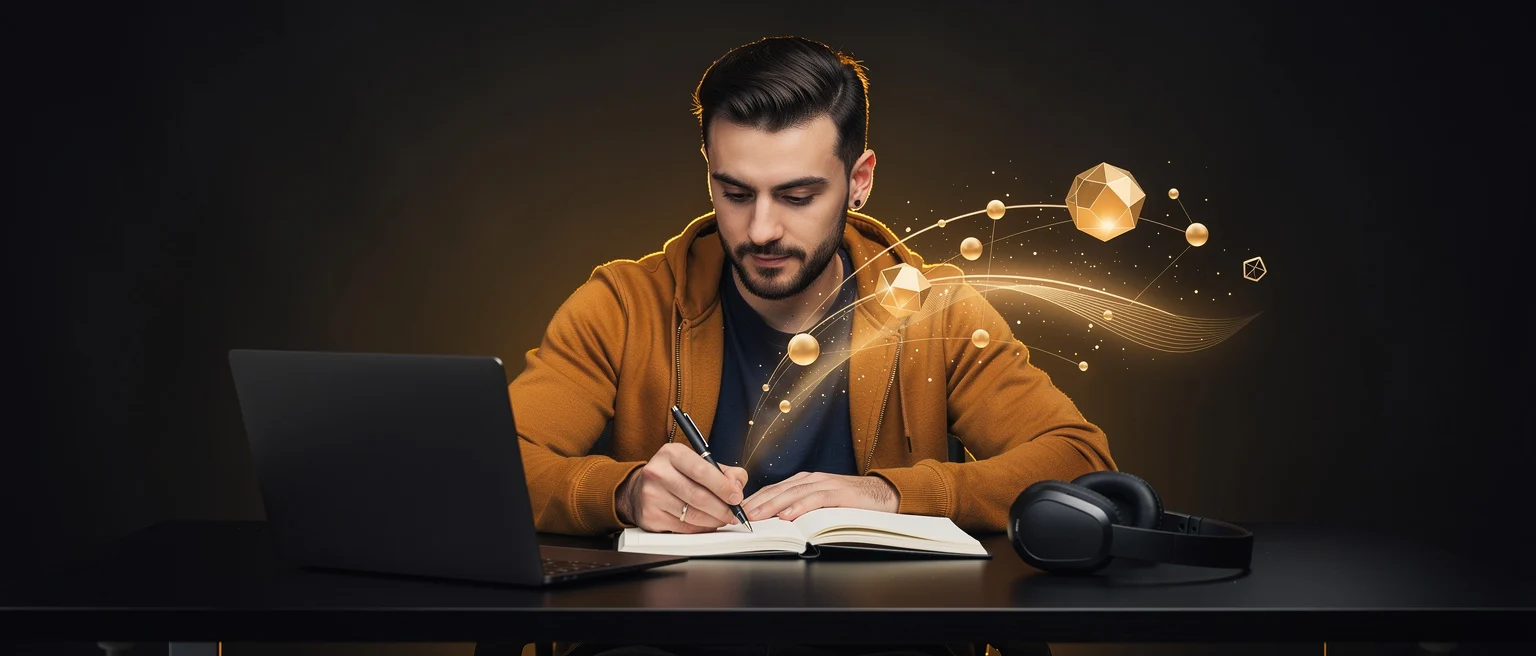 Man in orange jacket writing in notebook at desk with laptop and headphones, gold geometric shapes floating beside him.