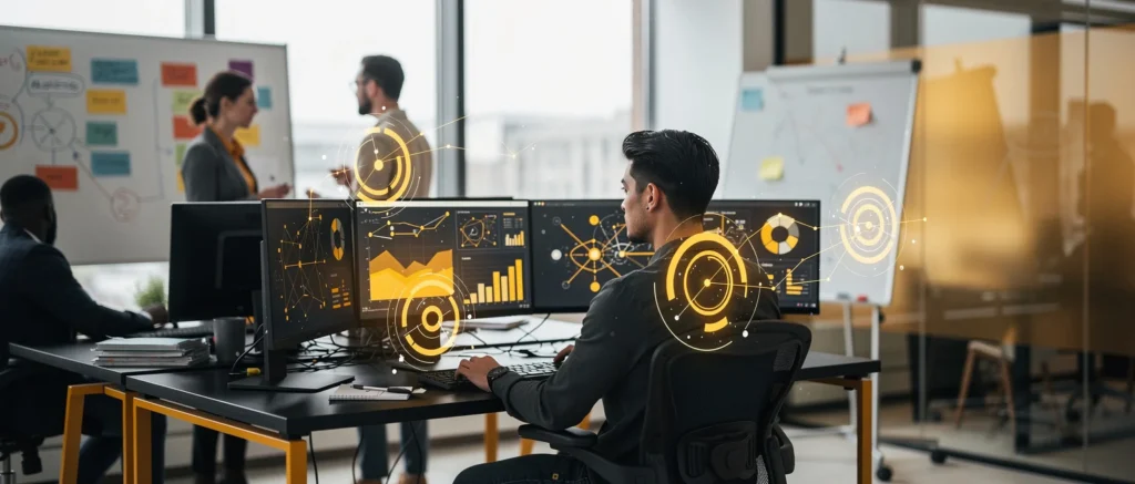 Team working in modern office with multiple monitors displaying data analytics and glowing yellow digital overlays.