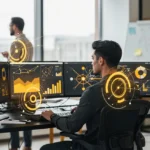 Team working in modern office with multiple monitors displaying data analytics and glowing yellow digital overlays.