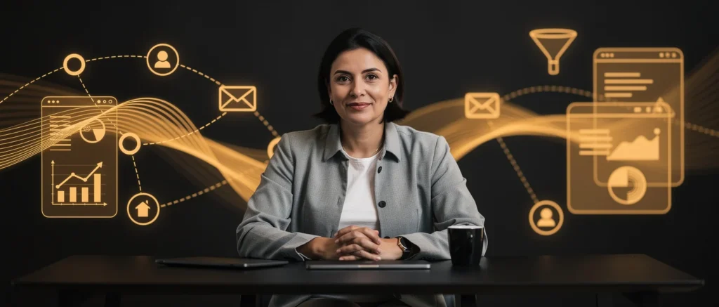 Woman in business attire at desk with digital network icons showing communication, analytics, and web connectivity in backgro