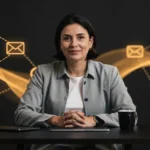 Woman in business attire at desk with digital network icons showing communication, analytics, and web connectivity in backgro