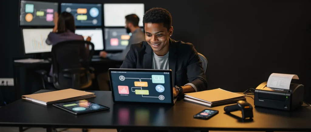 Woman smiling at laptop showing data analytics dashboard in modern office with colleagues working at monitors in background.