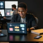 Woman smiling at laptop showing data analytics dashboard in modern office with colleagues working at monitors in background.